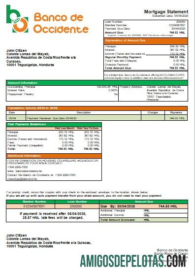 Honduras Banco de Occidente bank Hipotik laporan scr sampel
