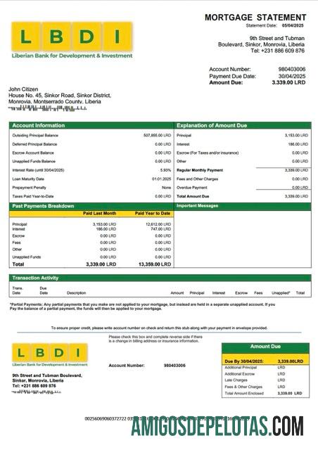 Realistis Liberian bank for Development and Investasi (LBDI) Hipotik laporan Word and PDF templat