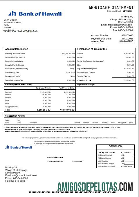 Samoa bank of Hawaii Hipotik laporan in Word and PDF format desain