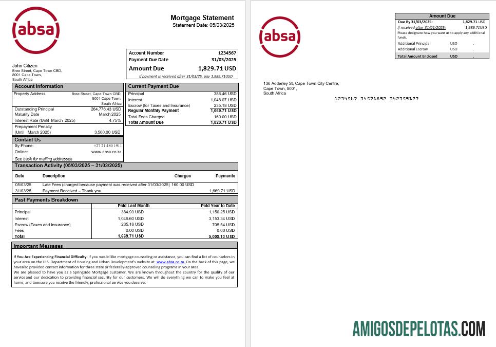 Afrika Selatan ABSA bank Hipotik laporan in Word and PDF format sampel
