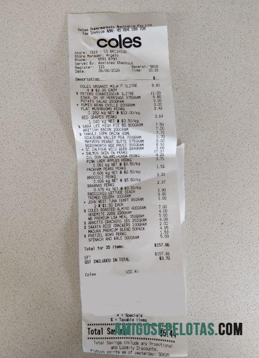 Coles supermarket Pembayaran Kwitansi pratinjau