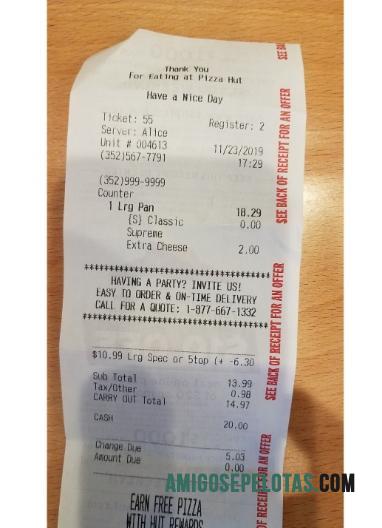 Pizza Hut restaurant Pembayaran Kwitansi makering