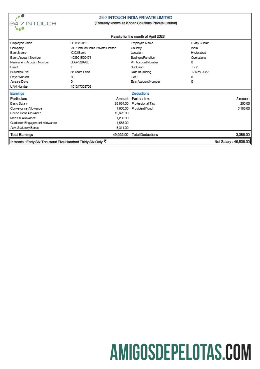 Profesional 24 7 Intouch India payslip templat in Word and PDF format.PDF, 1