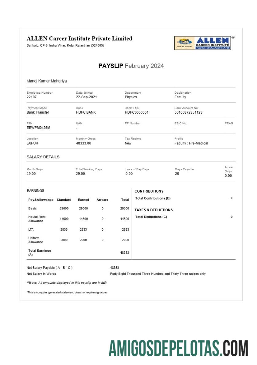 Realistis ALLEN Career Institute payslip templat in Word and PDF format.PDF, 1