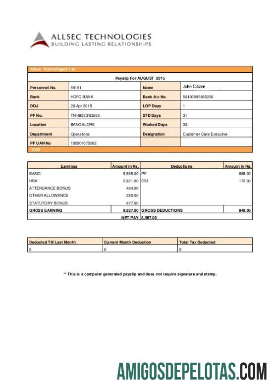 ALLSEC Building technologies payslip in Word and PDF format sampel