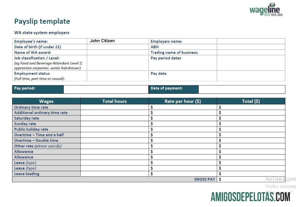 Dapat Diedit Australia WAGELINE payslip templat in Word and PDF format