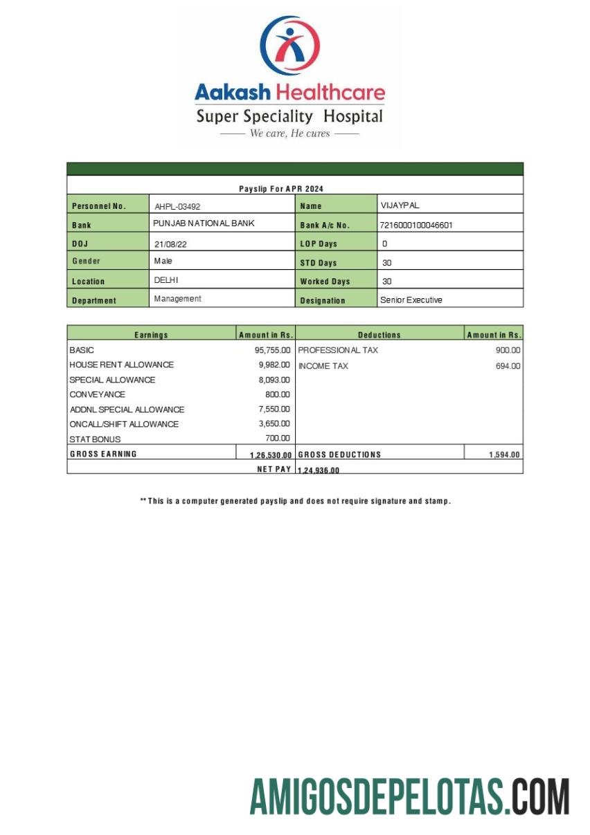 Dapat Diedit Aakash Healthcare payslip templat in Word and PDF format.PDF, 1