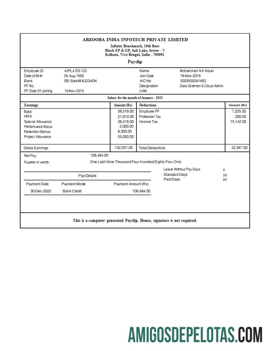 Realistis Abzooba India Infotech payslip templat in Word and PDF format.PDF, 1