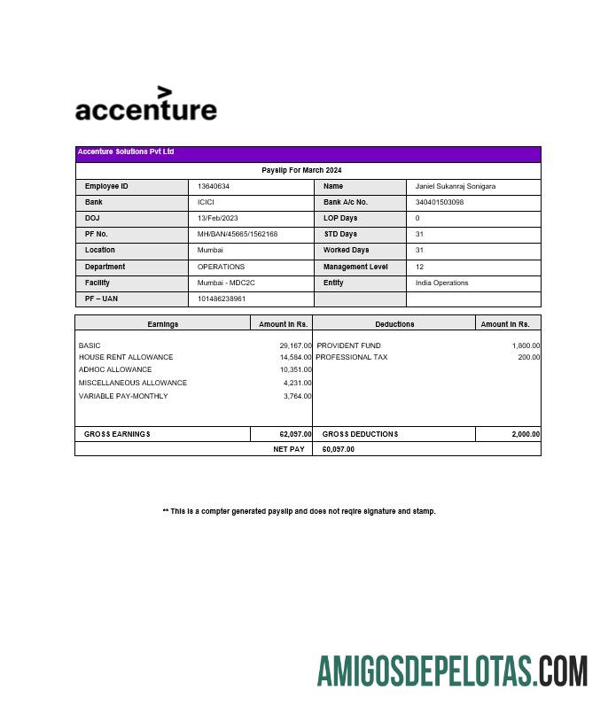 Accenture Solutions payslip templat
