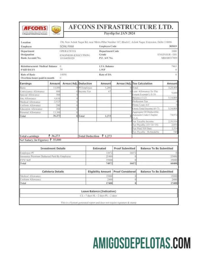 Dapat Diedit Afcons Infrastructure payslip templat in Word and PDF format.PDF, 1