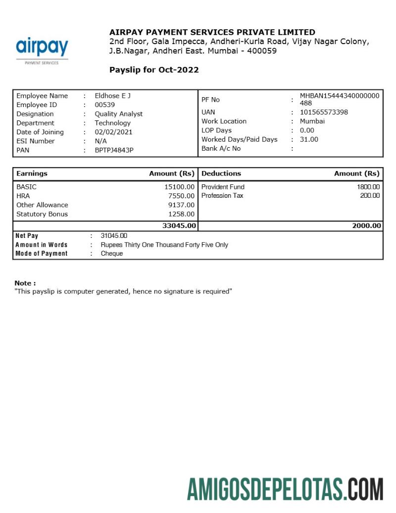 Berkualitas Airpay Pembayaran Services payslip templat in Word and PDF format.PDF, 1