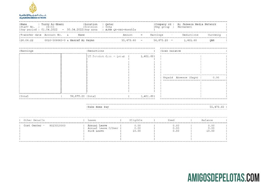 Realistis Al Jazeera Media Jaringan pay stub templat in Word and PDF format.PDF, 1