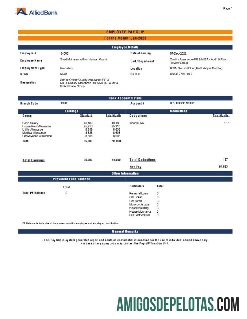 Profesional Allied bank employee payslip templat in Word and PDF format.PDF, 1