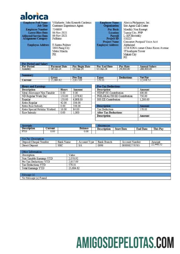 Premium Alorica Filipina payslip templat in Word and PDF format.PDF, 1
