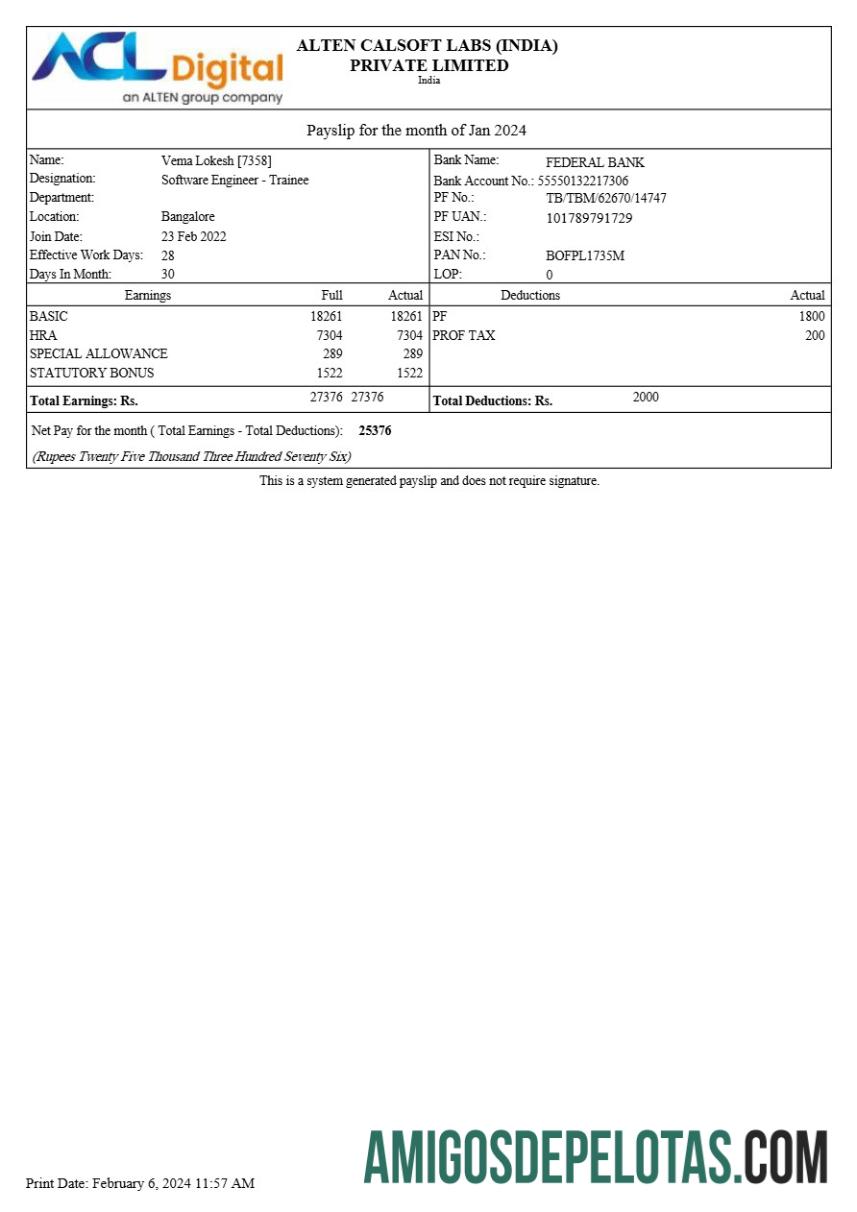 Realistis Alten Calsoft Labs ACL Digital payslip templat in Word and PDF format.PDF, 1