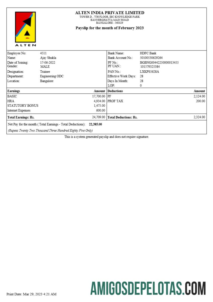 Berkualitas Alten India payslip templat in Word and PDF format.PDF, 2