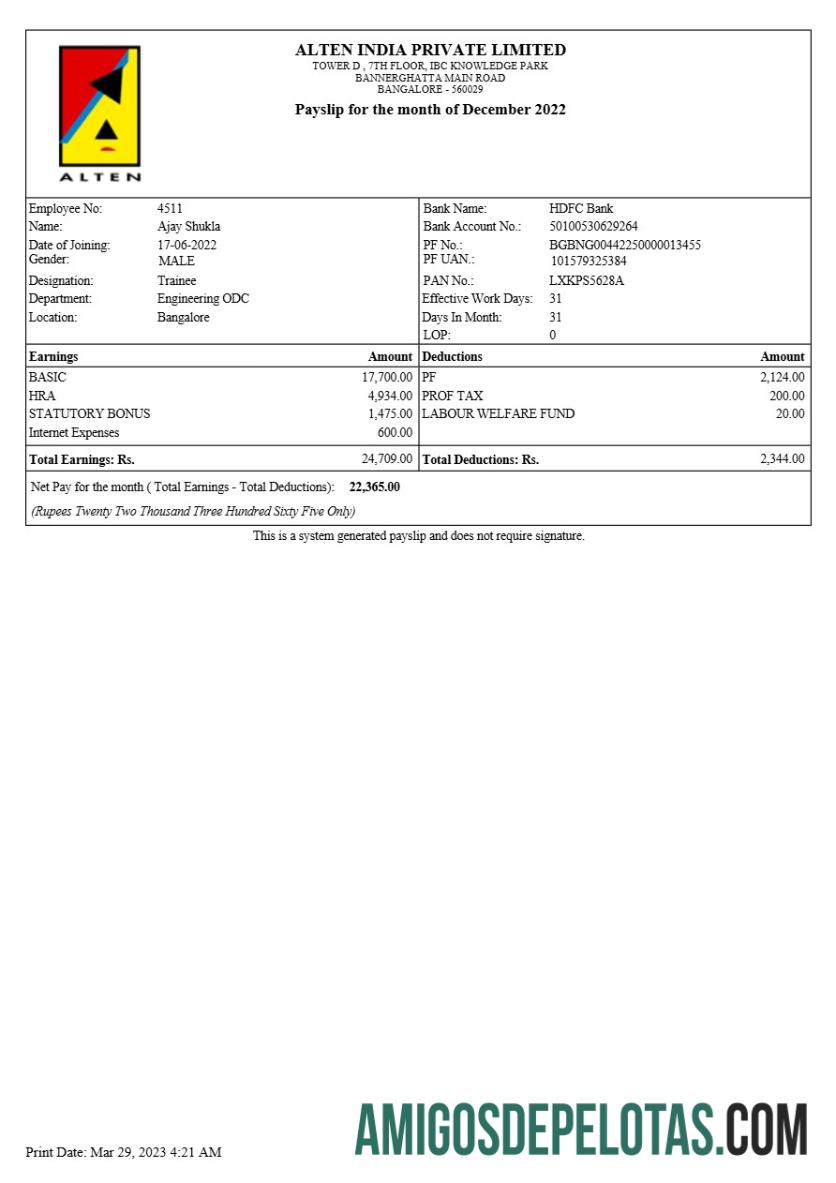 Realistis Alten India payslip templat in Word and PDF format.PDF, 3