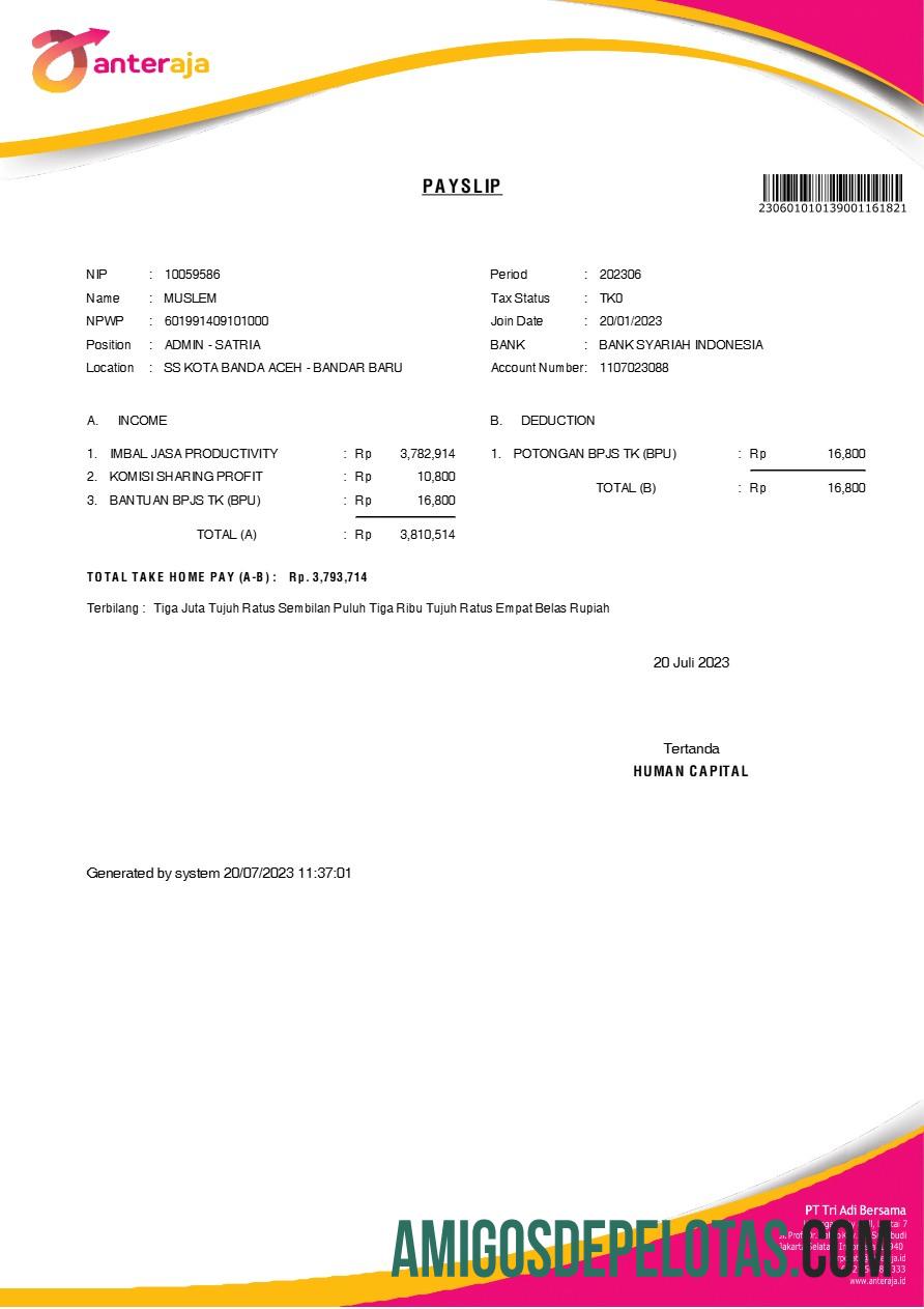 Berkualitas Anteraja tech services payslip templat in Word and PDF format.PDF, 1