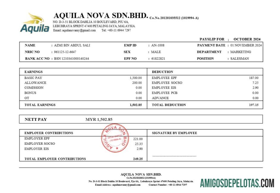Premium Aquila Nova consultant in Singapura payslip templat in Word and PDF format.PDF, 1