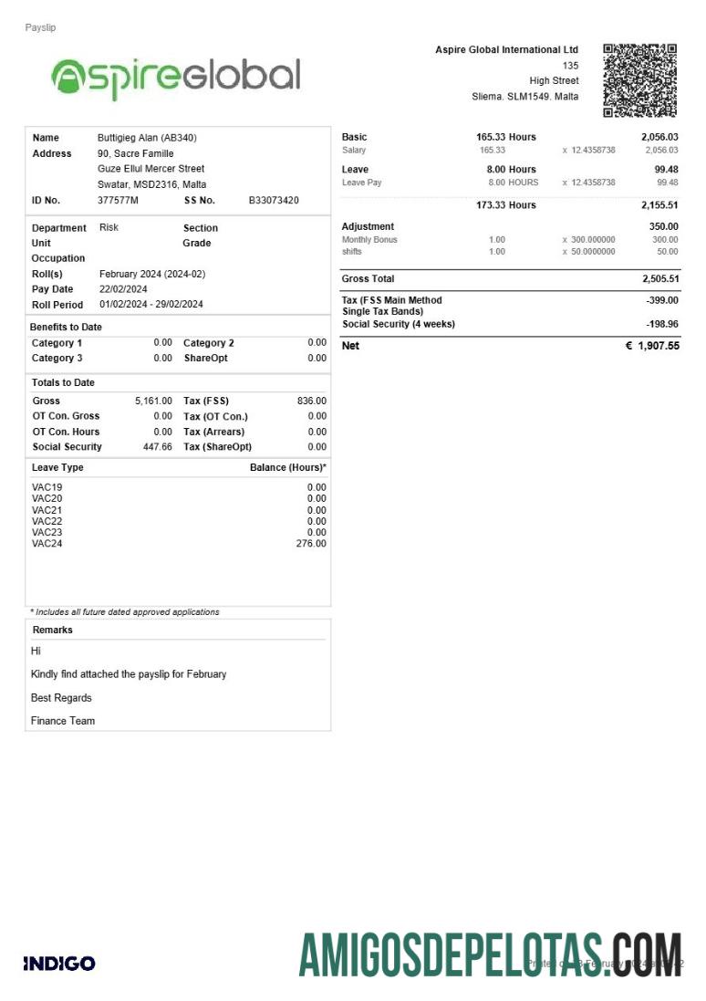 Premium Aspire Global International payslip templat in Word and PDF format.PDF, 1