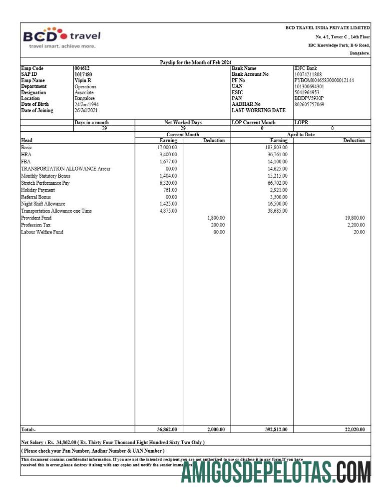 Realistis BCD perjalanan India payslip templat in Word and PDF format.PDF, 1