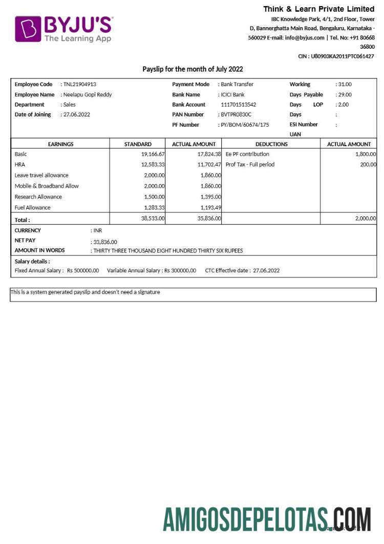 Berkualitas BYJU s learning app payslip templat in Word and PDF format.PDF, 1