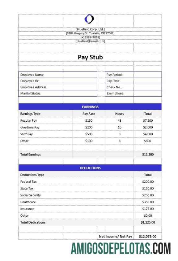 Realistis Bluefield Corp. Ltd pay stub Word and PDF templat