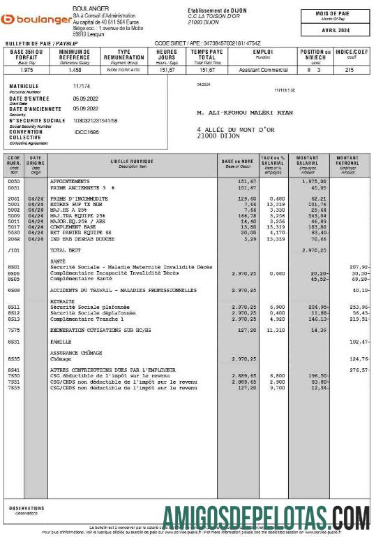 Premium Boulanger payslip (in French language) templat in Word and PDF format.PDF, 1