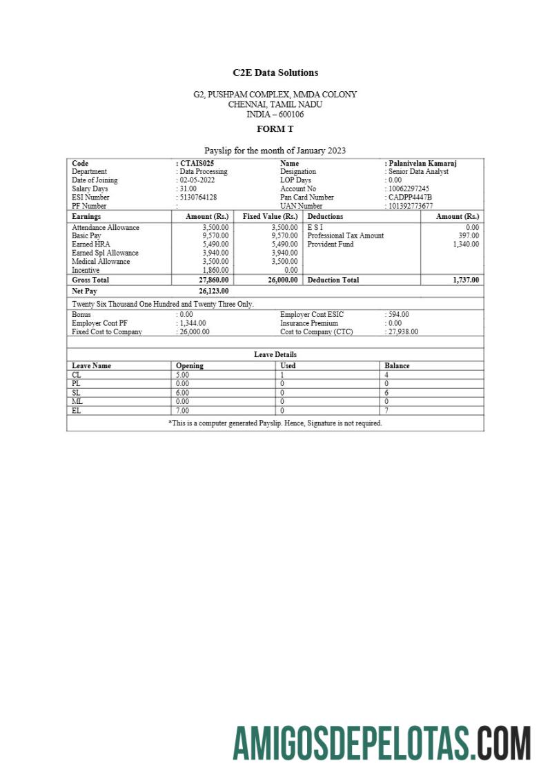 Berkualitas C2E Data Solutions payslip templat in Word and PDF format.PDF, 1