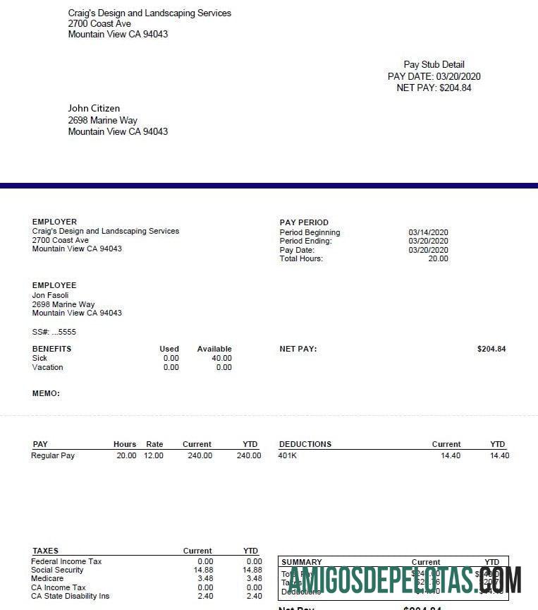 CRAIG'S Desain and Landscapin Services pay stub in Word and PDF format pratinjau