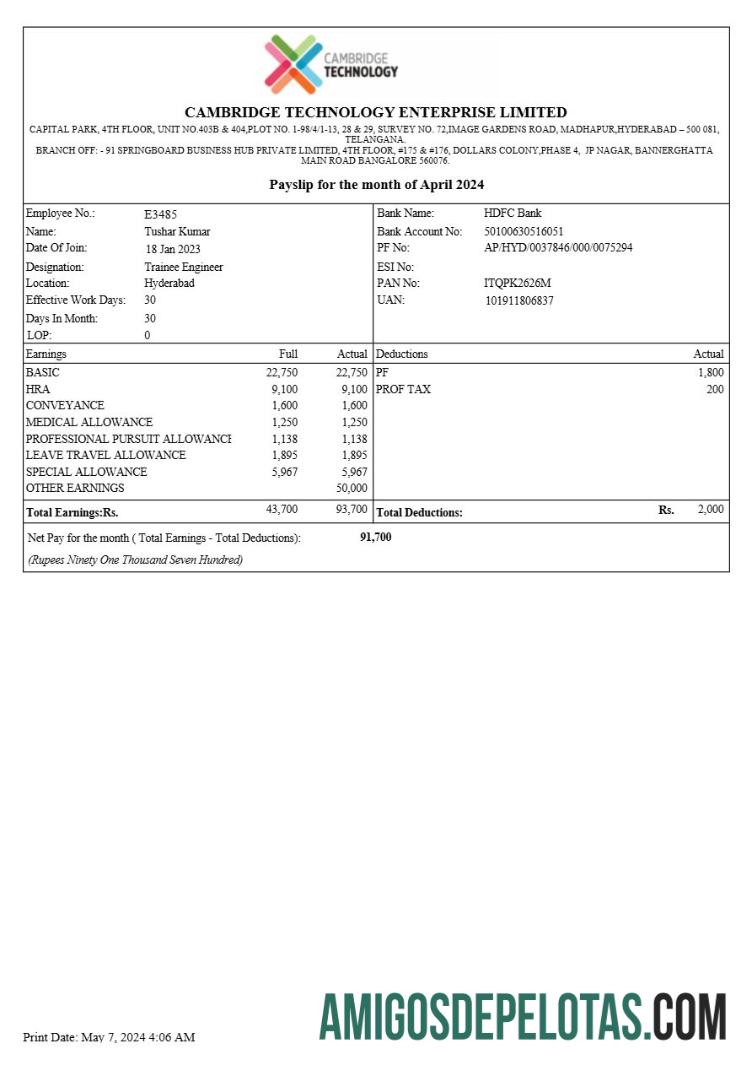 Profesional Cambridge Teknologi Enterprises payslip templat in Word and PDF format.PDF, 1