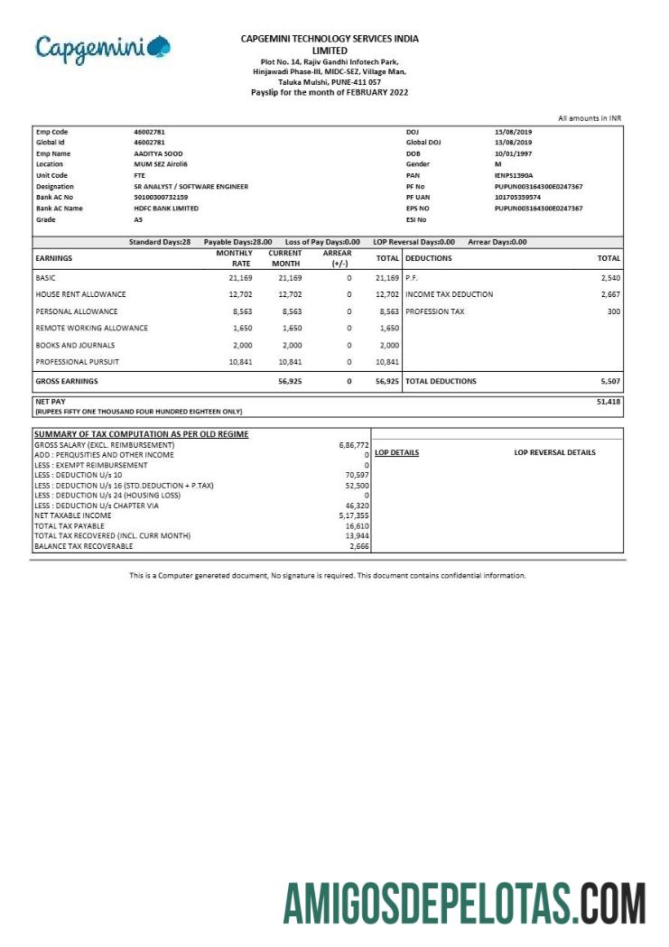 Berkualitas Capgemini Teknologi Services India payslip templat in Word and PDF format.PDF, 1