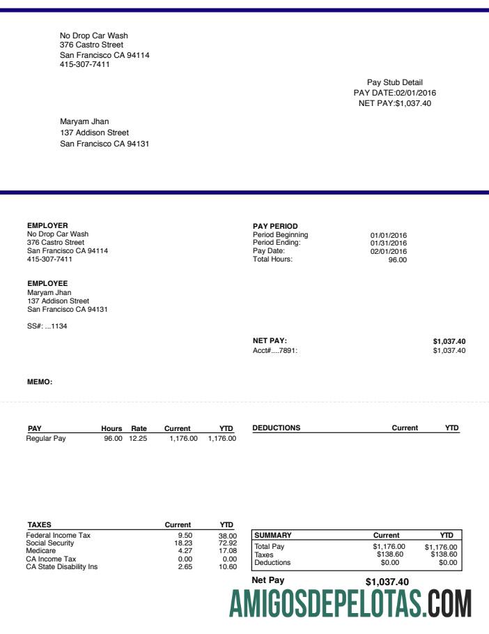 Premium Car Wash Paystub Word and PDF templat