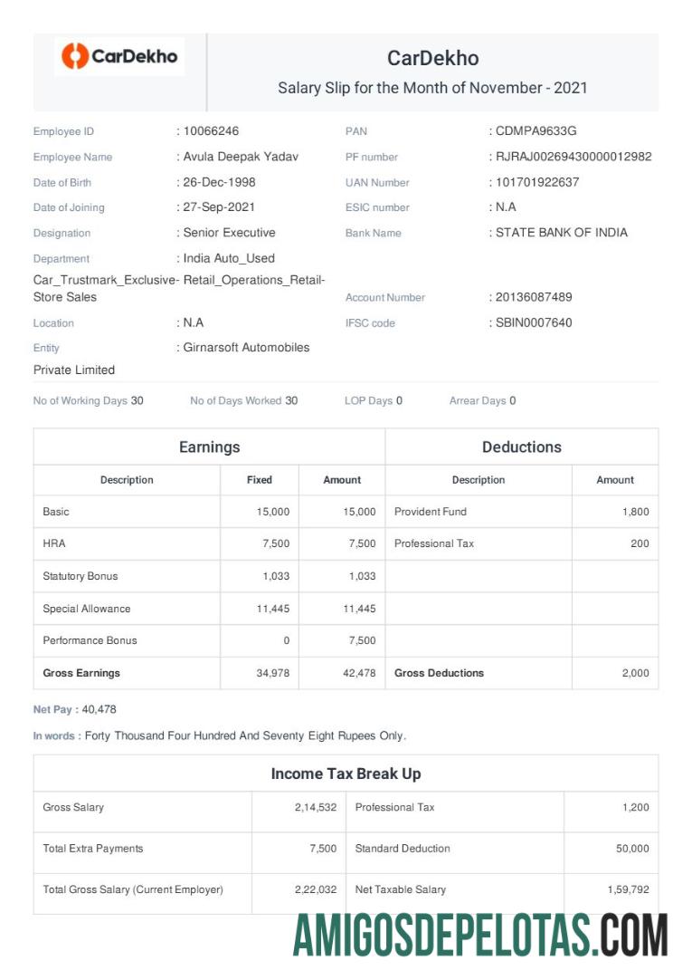 Berkualitas CarDekho payslip templat in Word and PDF format.PDF, 1