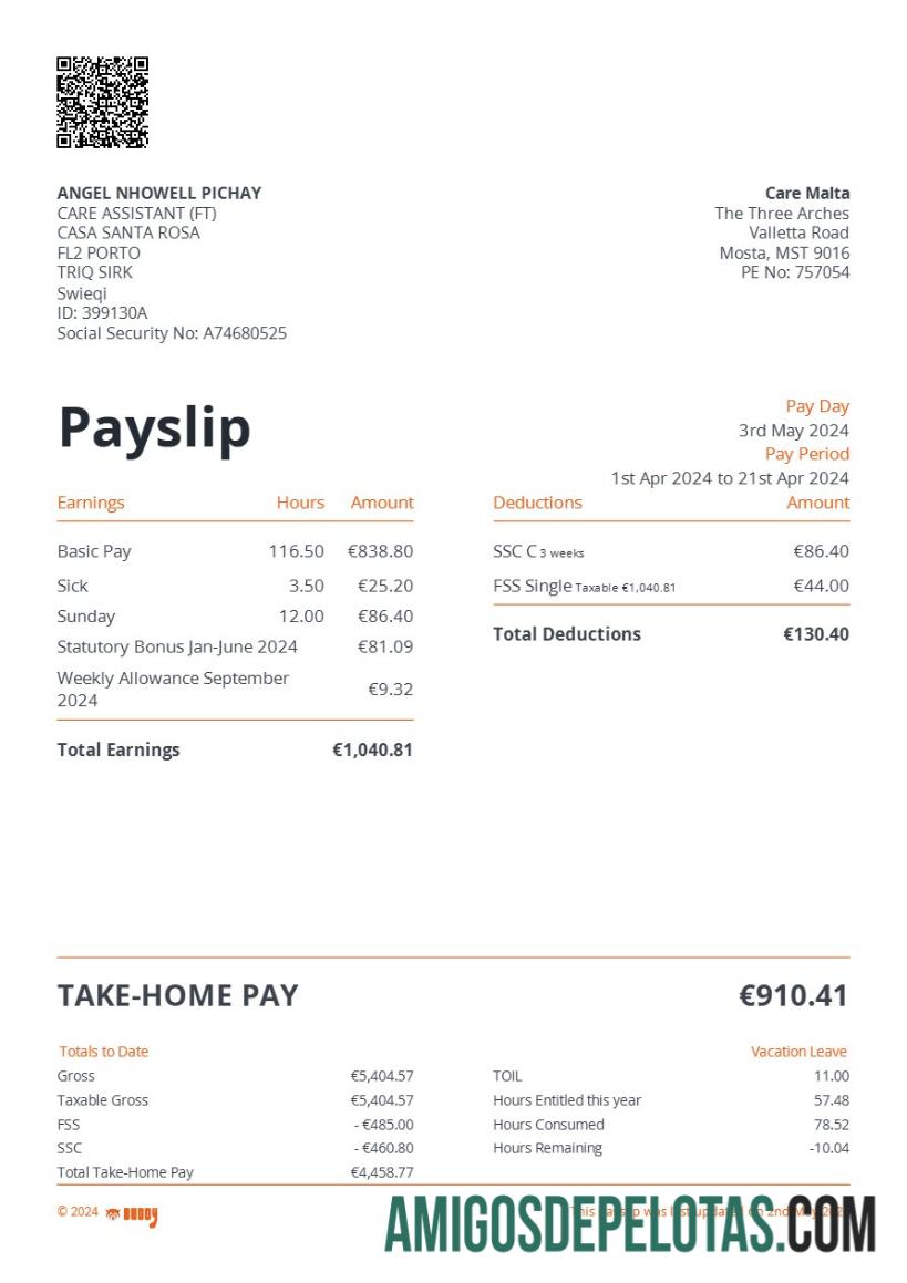 Realistis Care Malta payslip templat in Word and PDF format.PDF, 1