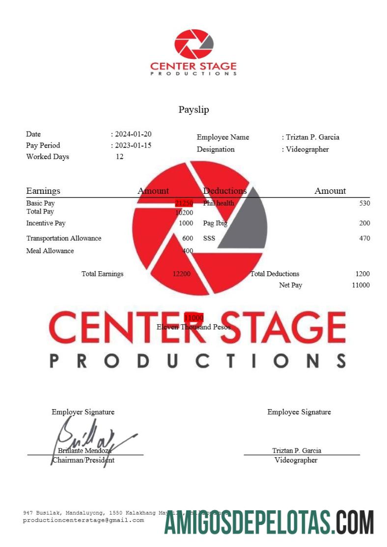 Berkualitas Center Stage Productions payslip templat in Word and PDF format.PDF, 1