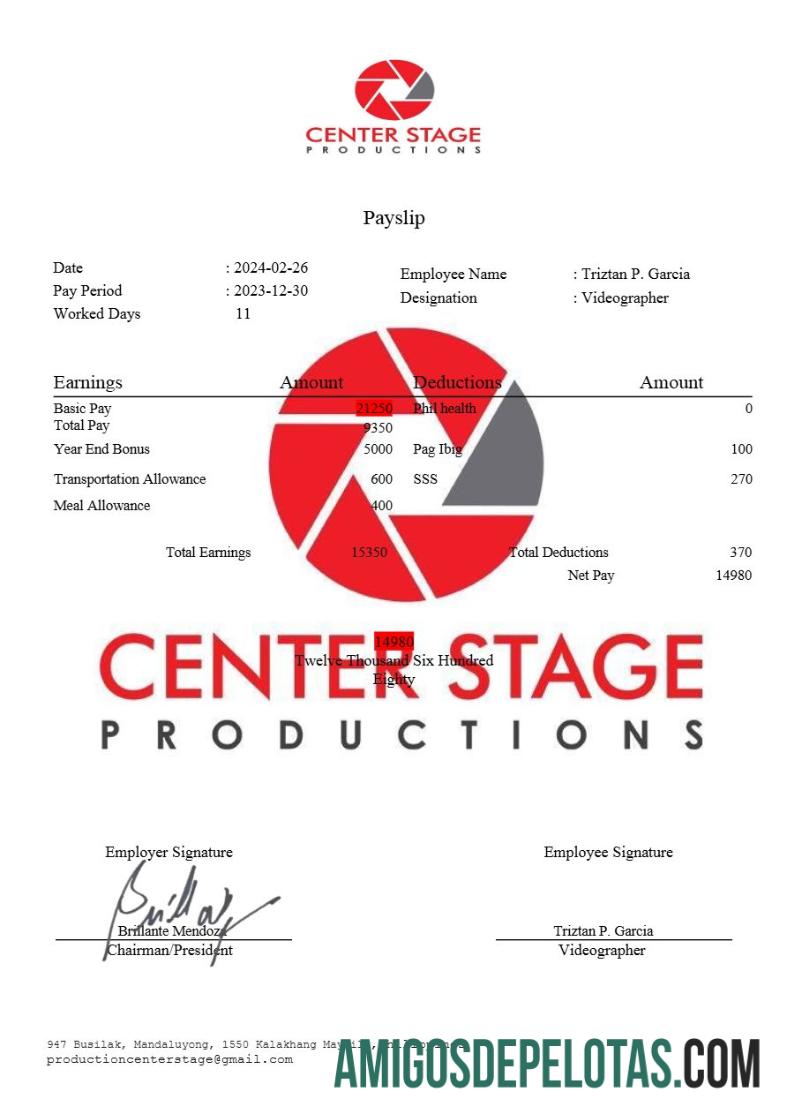 Dapat Diedit Center Stage Productions payslip templat in Word and PDF format.PDF, 4