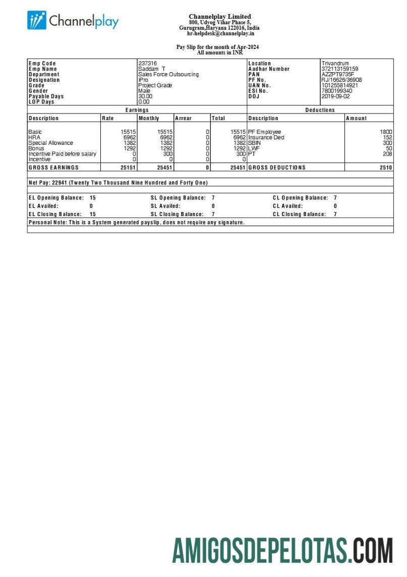 Profesional Channelplay payslip templat in Word and PDF format.PDF, 1