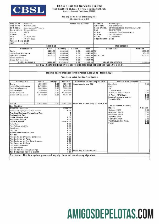 Profesional Chola bisnis Services payslip templat in Word and PDF format.PDF, 1