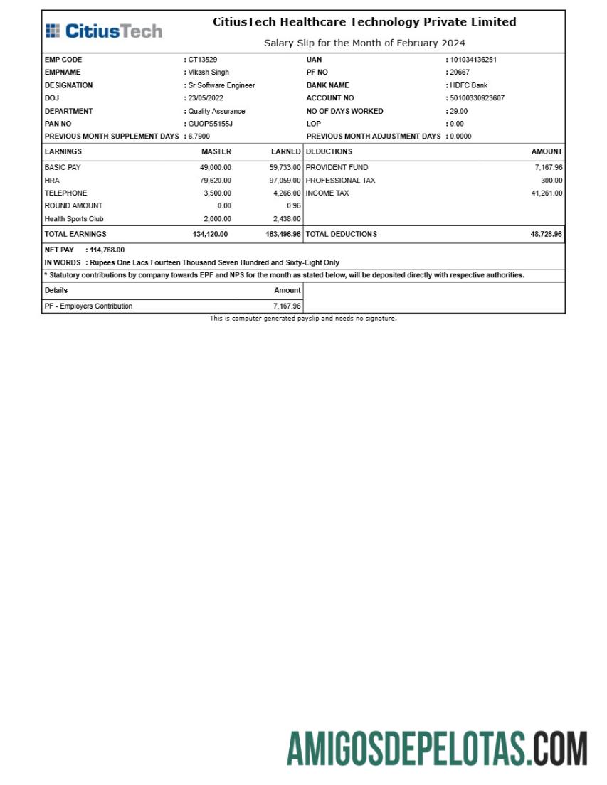 Profesional CitiusTech Healthcare Teknologi payslip templat in Word and PDF format.PDF, 1