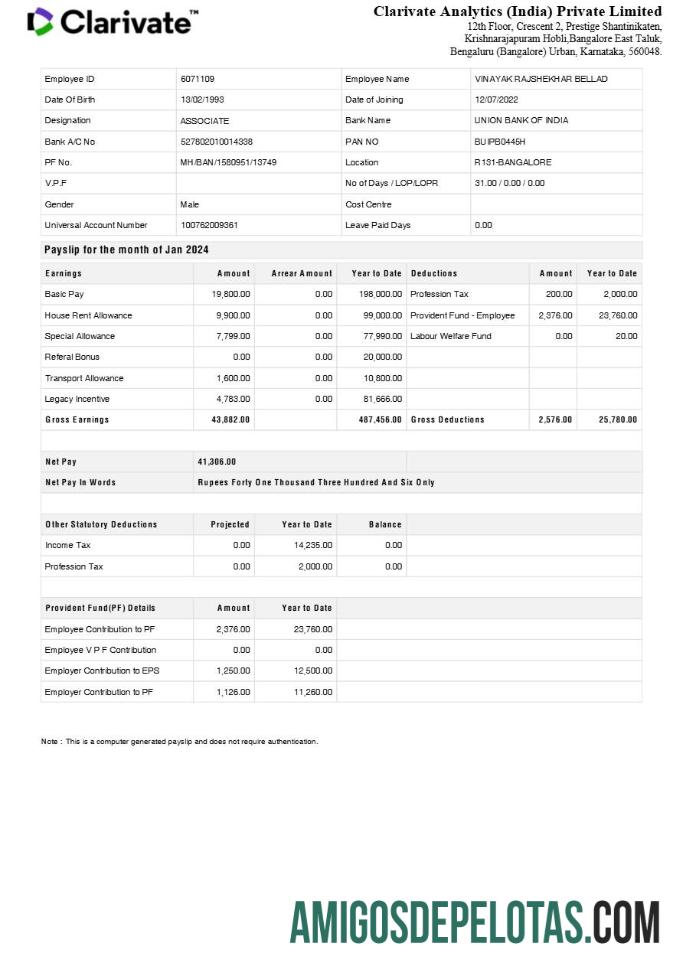 Dapat Diedit Clarivate Analytics India payslip templat in Word and PDF format.PDF, 1