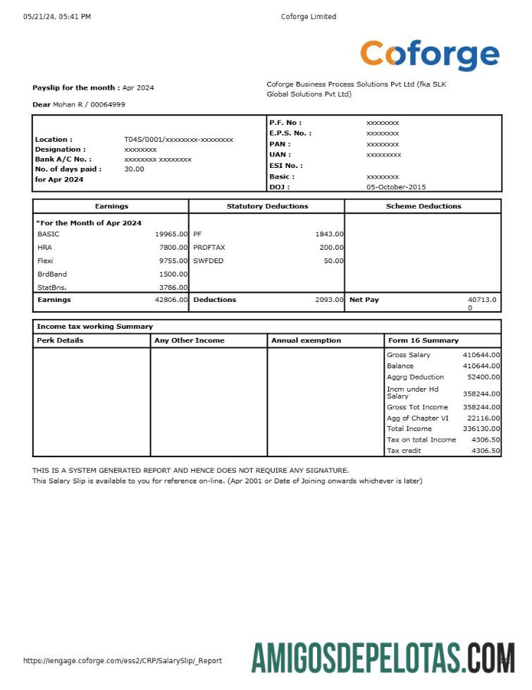 Dapat Diedit Coforge IT compay payslip templat in Word and PDF format.PDF, 1