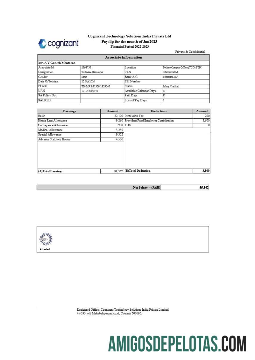 Realistis Cognizant Teknologi Solutions India payslip templat in Word and PDF format.PDF, 1