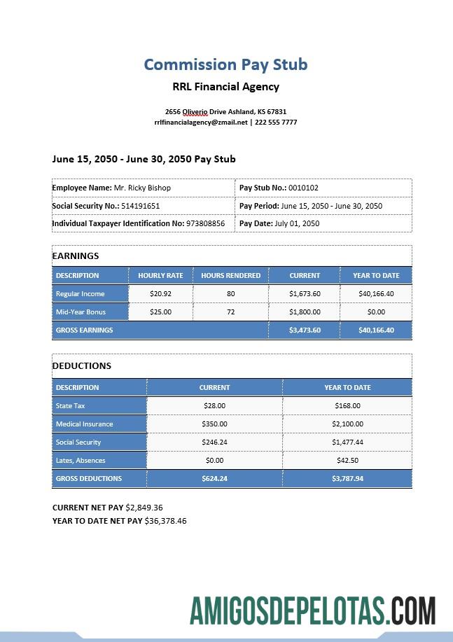 Dapat Diedit Commission Pay Stub templat