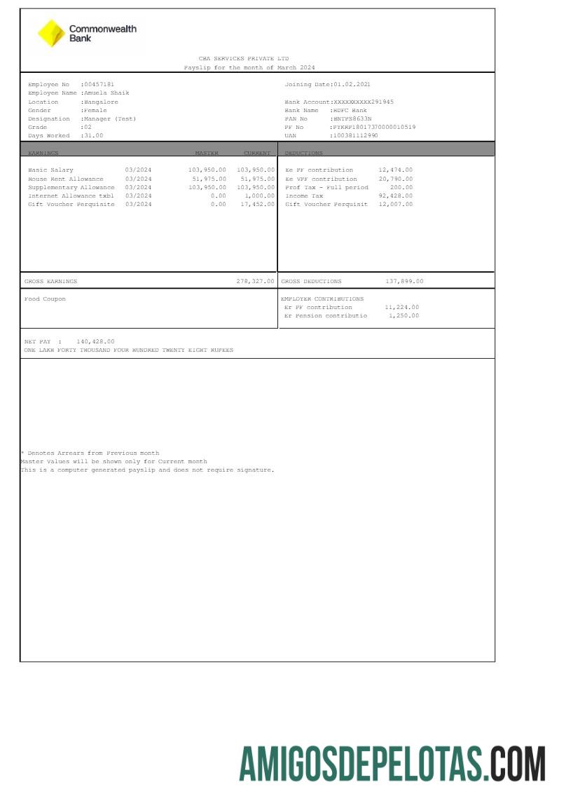 Premium Commonwealth bank CBA Services payslip templat in Word and PDF format.PDF, 1