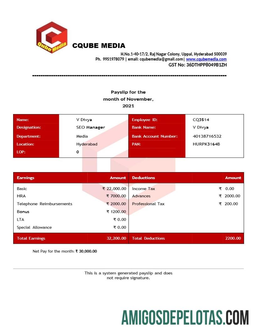 Berkualitas Cqube Media payslip templat in Word and PDF format.PDF, 1