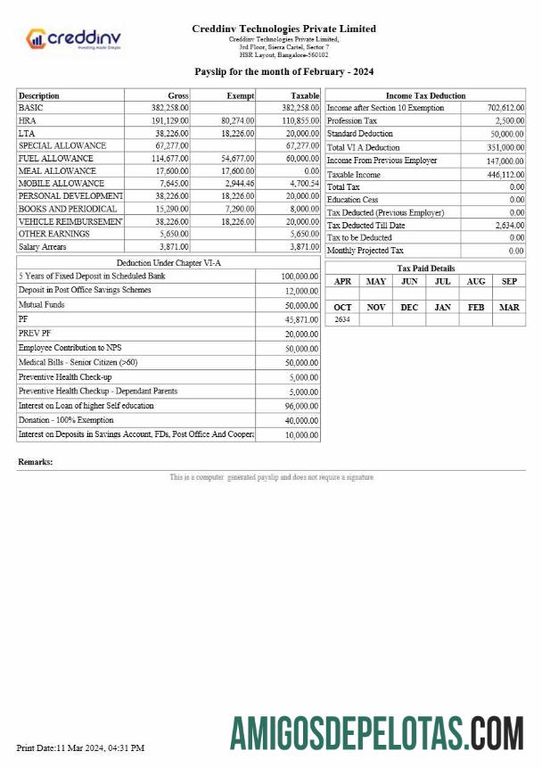 Profesional Creddinv Technologies payslip templat in Word and PDF format.PDF, 2