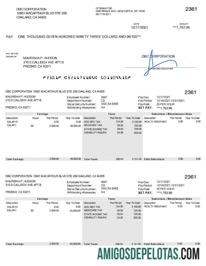 Premium DBC Corporation pay stub templat in Word and PDF format.PDF, 1