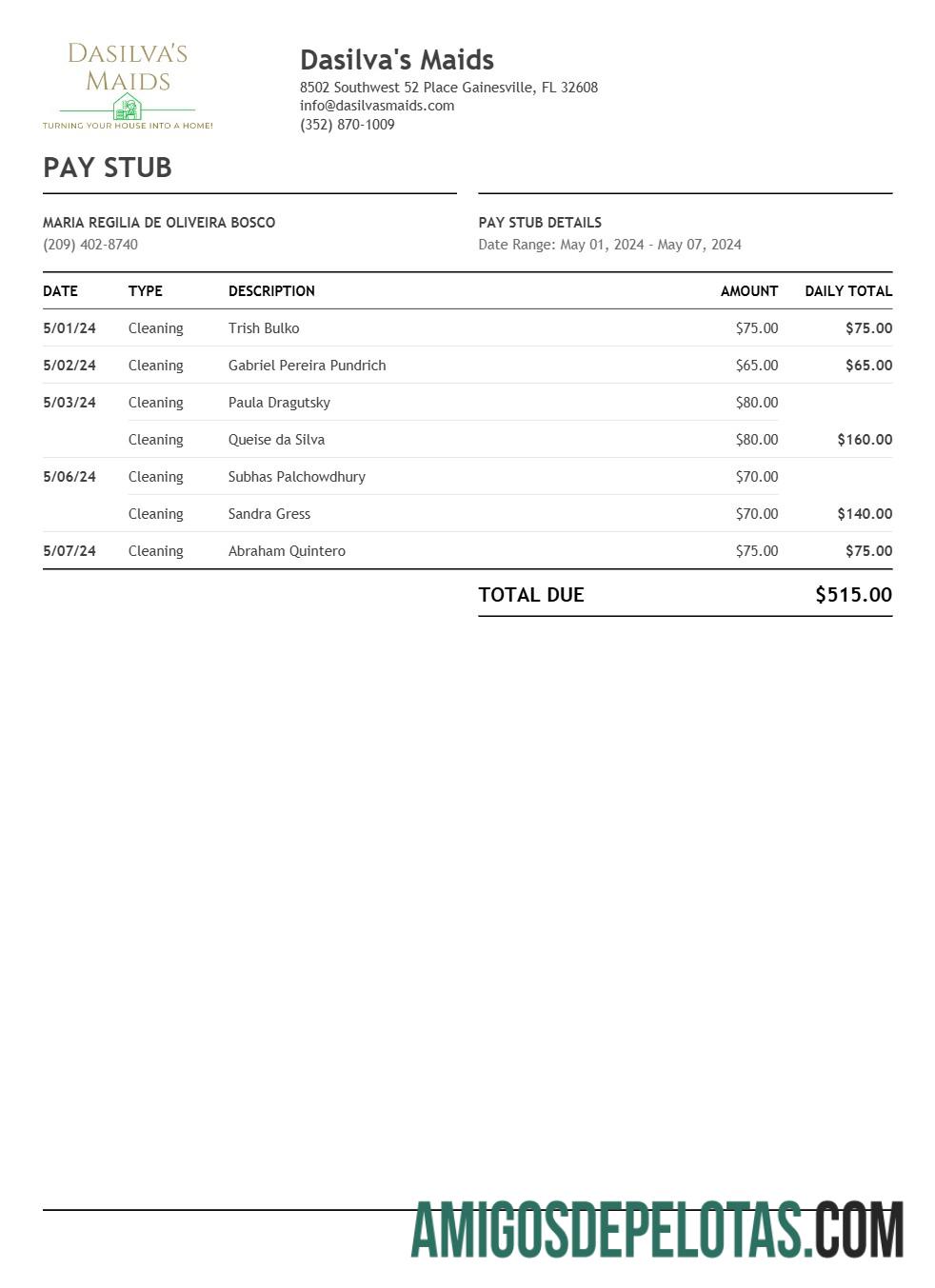 Dapat Diedit Dasilva's Maids pay stub templat in Word and PDF format.PDF, 1
