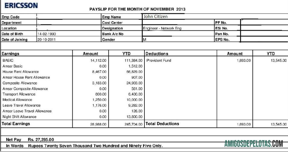 ERICSSON networking and telecommunications Perusahaan paystub in Word and PDF format makering